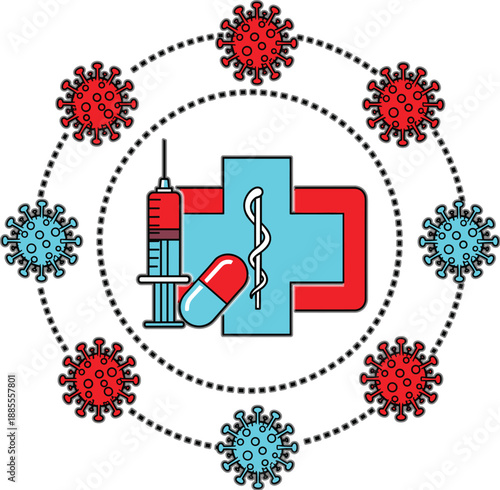 Medical healthcare concept with hospital cross, syringe and pills surrounded by virus particles, vaccination and protection flat vector illustration