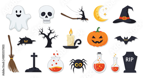 Halloween Spooky Elements Collection Ghost Skull Pumpkin Bat Witch Hat.