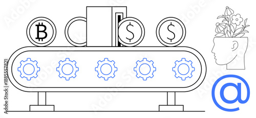 Conveyor belt with gears turning coins and books, human head with flowers, email icon. Ideal for automation, innovation, digital transformation, fintech, creativity productivity growth. Simple flat
