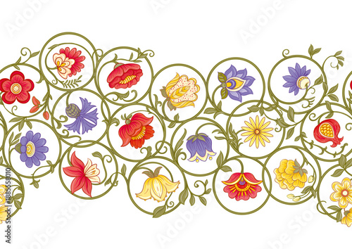 Ornate floral seamless pattern. Elegant hand-drawn botanical motif with intricate repeating layout for textile, wallpaper and decor, classic flowers and foliage create a refined vintage background.