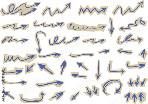 Hand Drawn Blue Arrows Set in Paper Cut Style with Rough Edges for Direction, Navigation and Design Elements