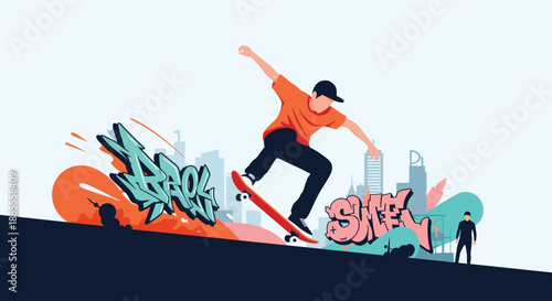 Skateboarder Performing Trick in Urban Landscape with Graffiti Art.