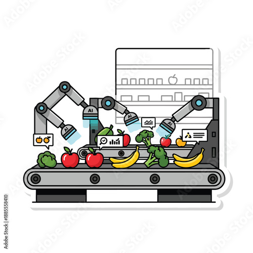 A robotic system sorts fruits and vegetables on a conveyor belt