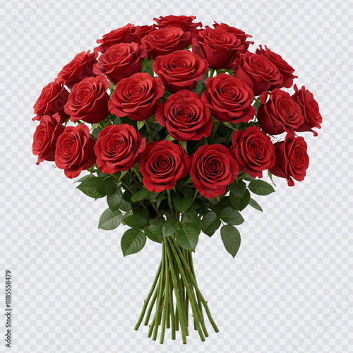 A lush bouquet of several dozen vibrant red roses with green stems and leaves, set against a transparent background, perfect for romantic occasions or gestures of love.