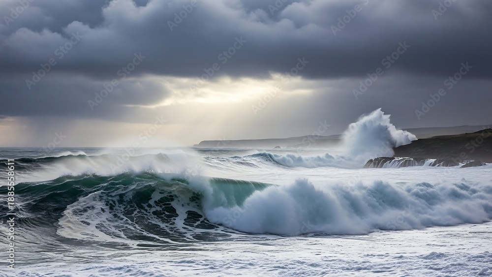 Fototapeta premium Stormy ocean waves crashing on shore.