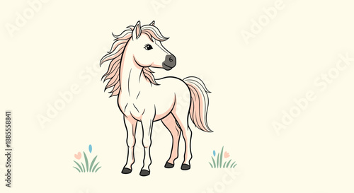 Cute Cartoon Pony Standing in a Field with a Gentle Expression.
