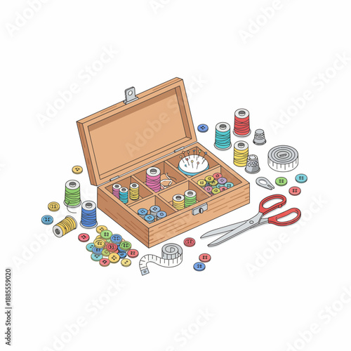 Isometric illustration of an open wooden sewing box with colorful supplies scattered around