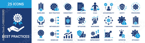 Best Practices icon set. Containing guidelines, consistency, compliance, ethics, accountability, safety, procedures, quality and more. Solid vector icons collection.