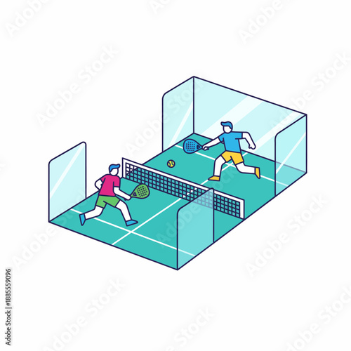 Isometric illustration of two players competing in a padel tennis match