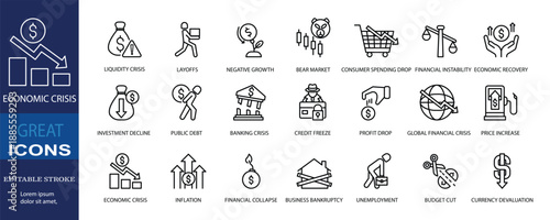 Economic crisis line icon set illustrating recession, inflation, unemployment, debt, market crash, bankruptcy, financial stress, and economic instability. Clean modern solid icons ideal for finance 