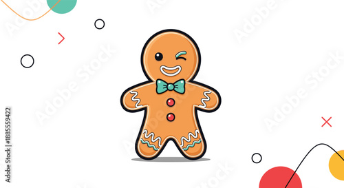 Adorable winking gingerbread man cookie with a cute turquoise bow tie, presented in a cartoon style with abstract background elements.