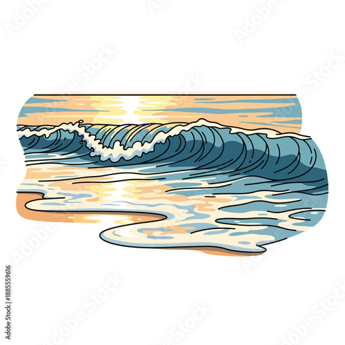 A stylized ocean wave at sunset