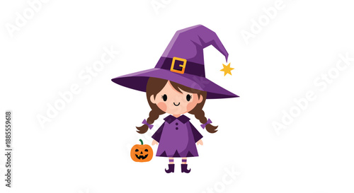Adorable little girl dressed in a cute purple witch costume with a pointed hat, holding a smiling jack-o-lantern for Halloween.