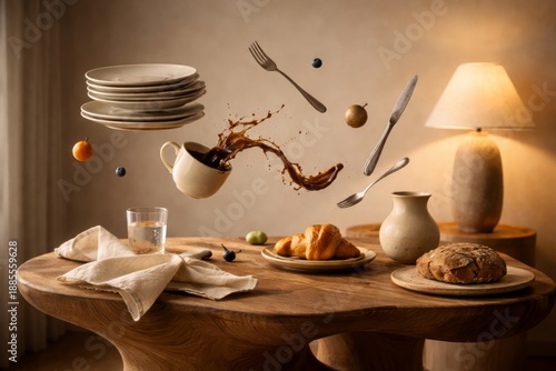 Surreal breakfast table scene with floating dishes and a coffee cup splashing liquid in mid air creating a dynamic and imaginative atmosphere