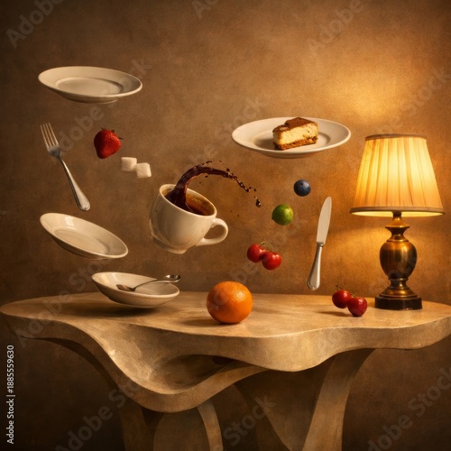 Surreal table scene with floating dessert plates fruit and utensils arranged in a balanced and artistic composition