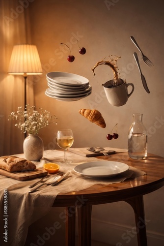 Surreal breakfast still life with floating cups plates and food elements above a wooden table in warm interior light