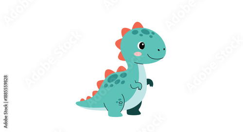 Adorable baby dinosaur character illustrated in a cute cartoon style with teal skin, red spikes, and a friendly, smiling face.