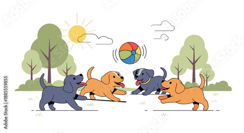 Four adorable puppies happily playing together with a colorful ball in a green park with trees and sun on a beautiful summer day.