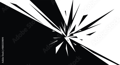 Abstract black and white background with a dynamic explosion of sharp, geometric shapes radiating from the center for a modern look.