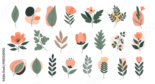 Modern collection of abstract botanical elements featuring stylized flowers and leaves combined with simple shapes in a trendy, muted palette.