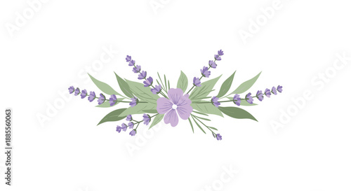 Delicate floral arrangement with beautiful lavender sprigs and a central purple flower, creating a simple and elegant botanical design.