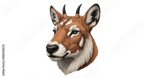 Close-up illustration of a pronghorn antelope head with brown and white fur against a plain white background.