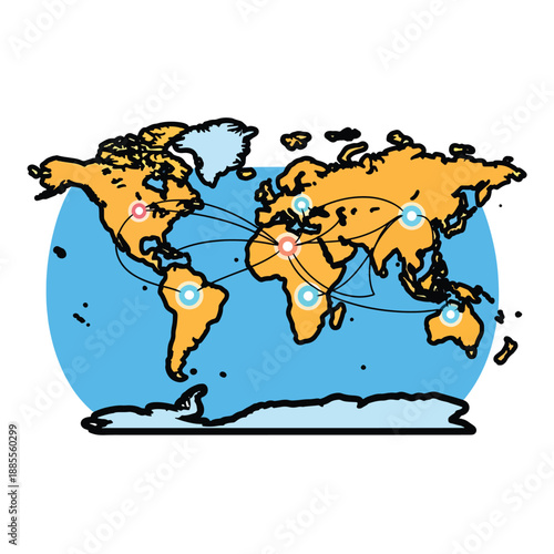 A stylized world map with connected global points
