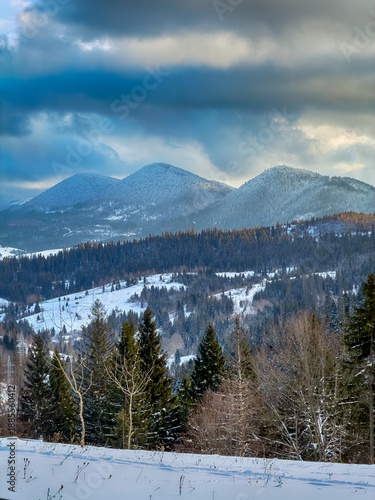 Mystical snowy Carpathian peaks under cloudy skies in the sunny weather
