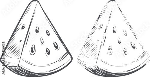 Hand Drawn of Two Slices of Watermelon with Seeds