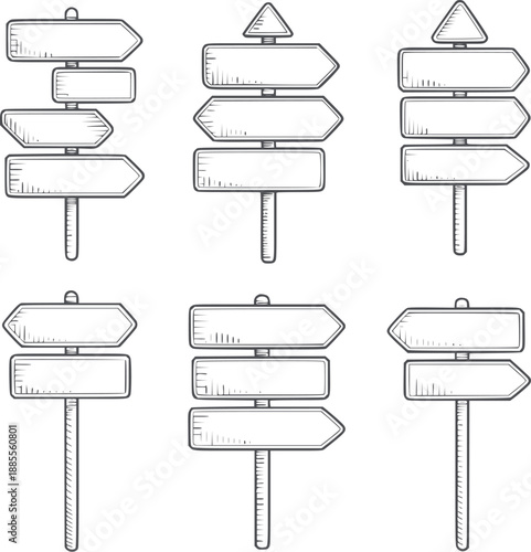 Hand Drawn of Various Directional Signs Poles