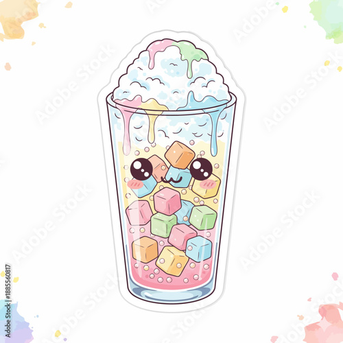 Kawaiistyle shaved ice drink with colorful gummy cubes in a tall glass