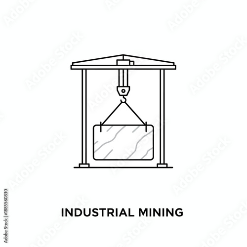 Line art of a crane lifting a large rectangular block of material