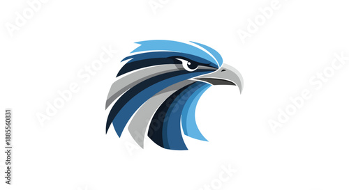 Close-up of a stylized eagle head logo in blue, gray, and white hues against a clean white background.