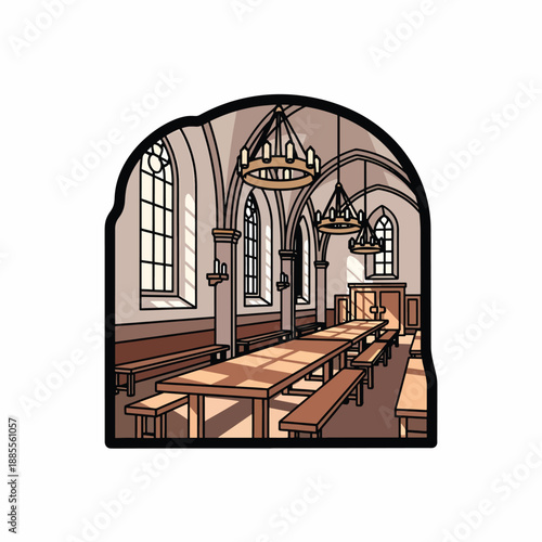 A medieval-style dining hall with long tables and benches