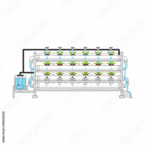 Multitiered hydroponic system schematic with nutrient solution circulation