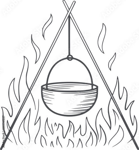 Minimalist black and of a pot hanging over a campfire with flames