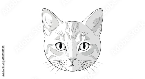 A detailed grayscale illustration of a cat's face with whiskers on a white background.