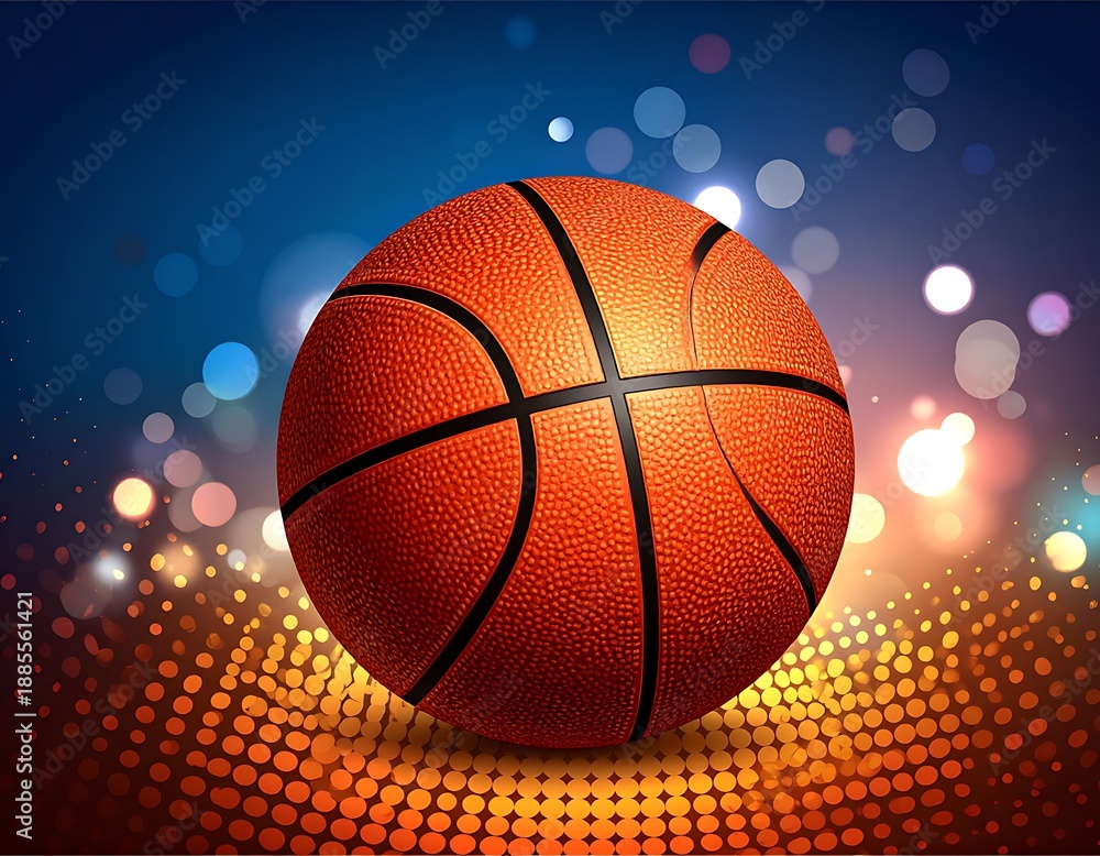Obraz premium Basketball against a festive, colorful background with bokeh and dotted halftone patterns underneath the ball