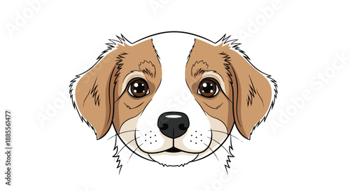 Illustration of a brown and white dog's face with a black nose on a white background.