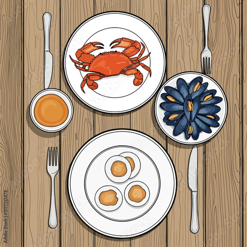 A table setting with seafood on plates