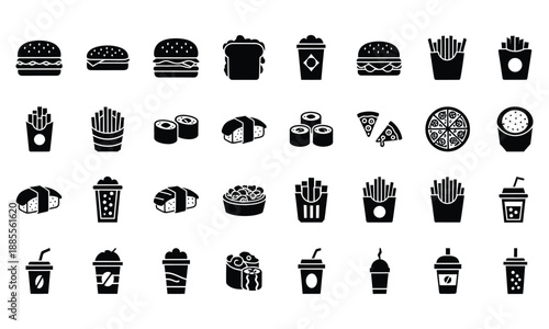 Collection of various fast food icons and symbols in black color