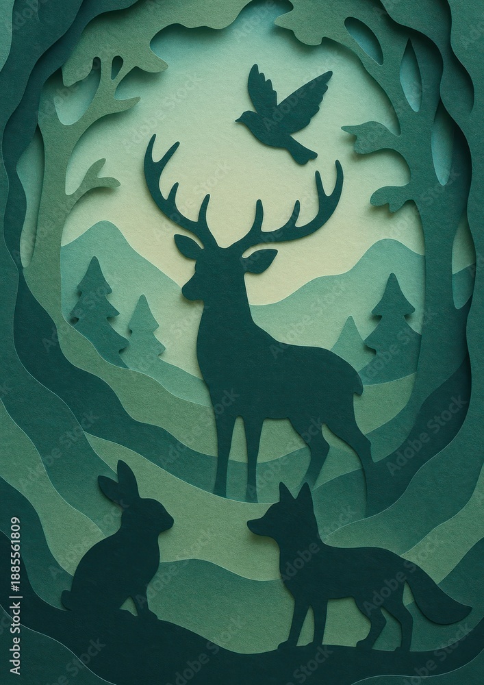 Obraz premium Layered forest animal silhouette design.