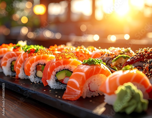 Assorted sushi rolls and nigiri sit on a dark tray, bathed in warm sunset light with blurred bokeh background
