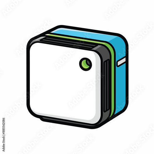 A small, cube-shaped device with blue, green, and white accents