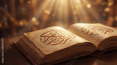 Artistic Rendition of Open Quran with Intricate Calligraphy and Holy Light