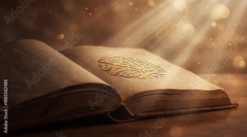 Warm Vintage Quran Holy Book with Golden Arabic Calligraphy Design