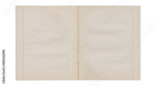Aged open notebook graph paper spread with beige paper texture