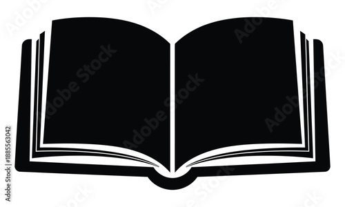 A black open book with pages stacked beside it
