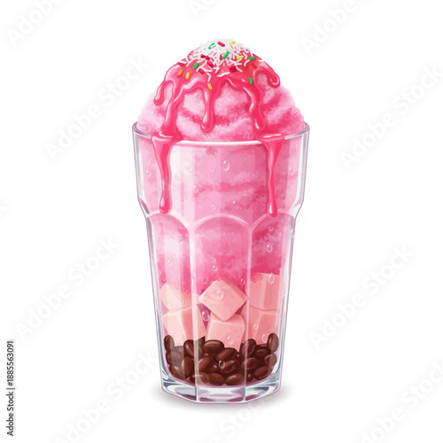 Pink shaved ice dessert or es doger with coconut milk,syrup sprinkles cubes and beans in a tall glass