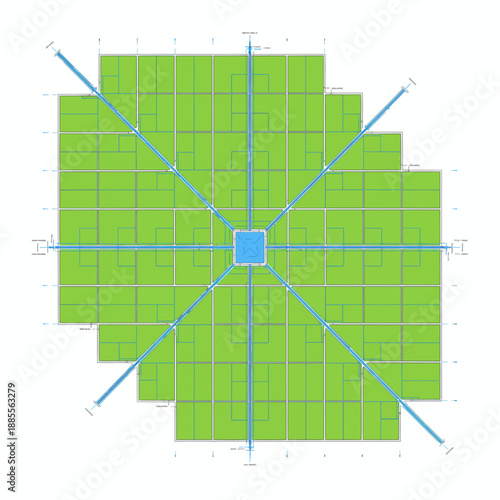 Plan view diagram of a grid layout with central hub and radial lines